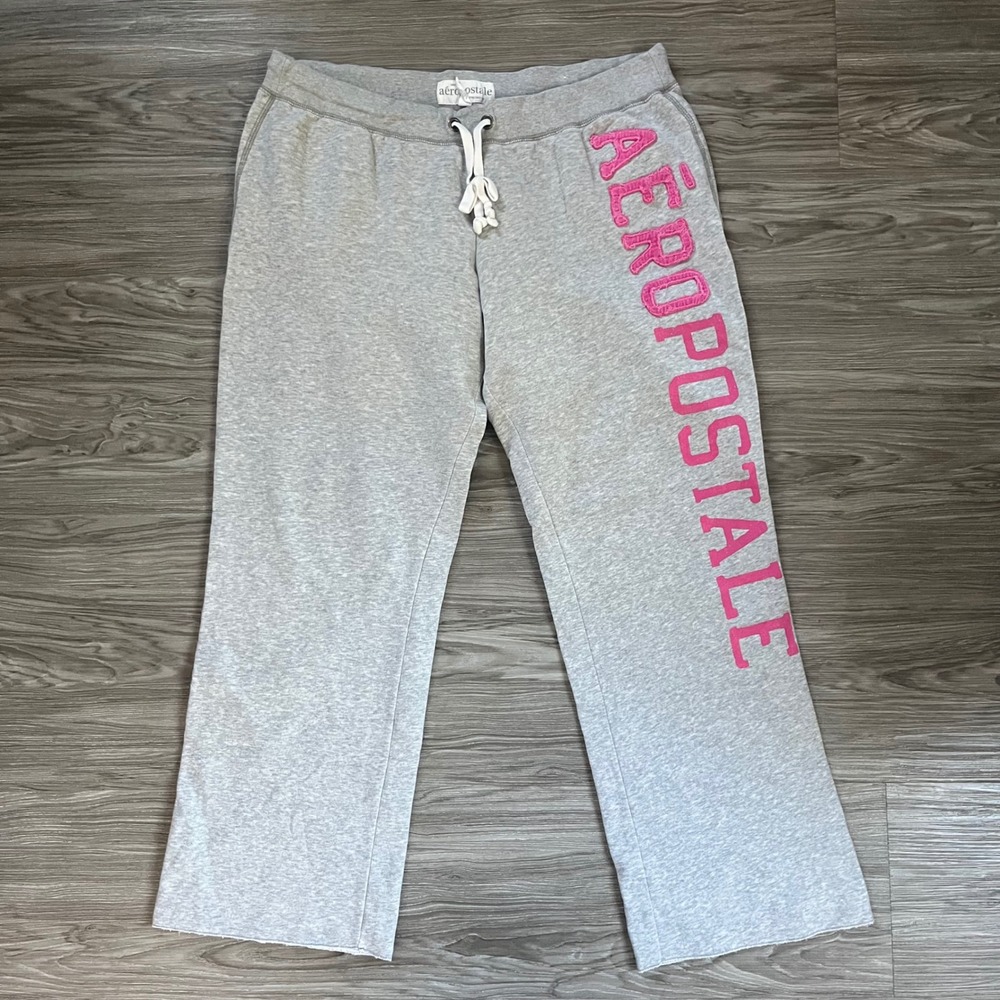 Aeropostale Womens XL Gray Pink Logo Wide Leg Sweatpants Y2K Fleece Lounge Pants